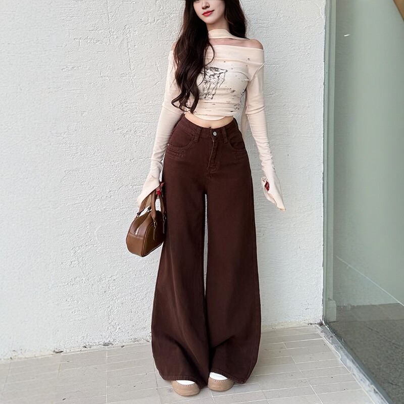 李李服饰港风咖色阔腿牛仔裤女2025秋季新款高腰宽松显瘦拖地裤