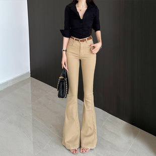 喇叭裤 新款 女2026夏季 李李服饰浅卡其色高腰老钱风微喇牛仔裤