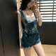 做旧显瘦连体短裤 女2026年春季 破洞牛仔背带短裤 李李服饰甜辣美式