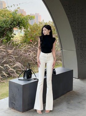李李服饰白色毛边高腰弹力修身显瘦显高2026夏季微喇叭牛仔裤女