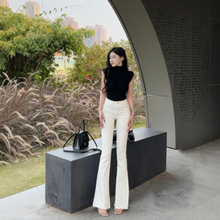 女 微喇叭牛仔裤 李李服饰白色毛边高腰弹力修身 显瘦显高2026夏季