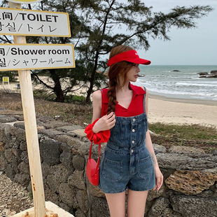 宽松显瘦连体热裤 女2026年夏款 气减龄绑带背带牛仔短裤 李李服饰元