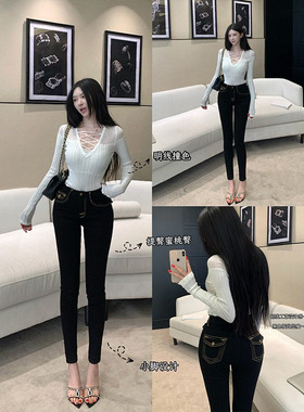 紧身明线撞色小脚牛仔裤女2026夏季新款加厚高腰显瘦提臀黑色靴裤