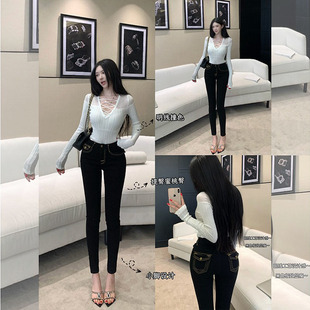 加厚高腰显瘦提臀黑色靴裤 新款 女2026夏季 紧身明线撞色小脚牛仔裤