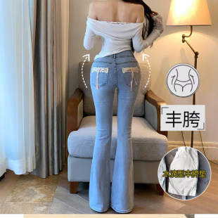 丰胯高腰提臀长裤 女26夏款 李李服饰甜心蕾丝蝴蝶结设计微喇牛仔裤