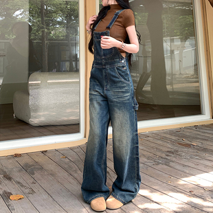宽松显瘦垂感拖地长裤 李李服饰慵懒休闲做旧蓝牛背带裤 女2026夏季