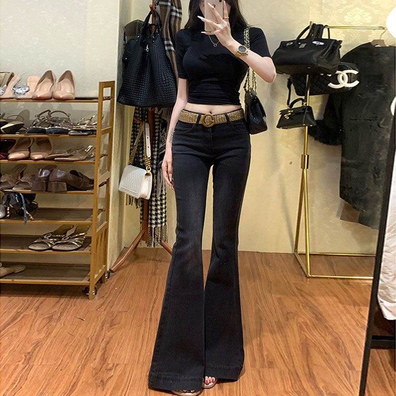 李李服饰黑色弹力微喇牛仔裤女2026年超火春季高腰鱼尾喇叭裤