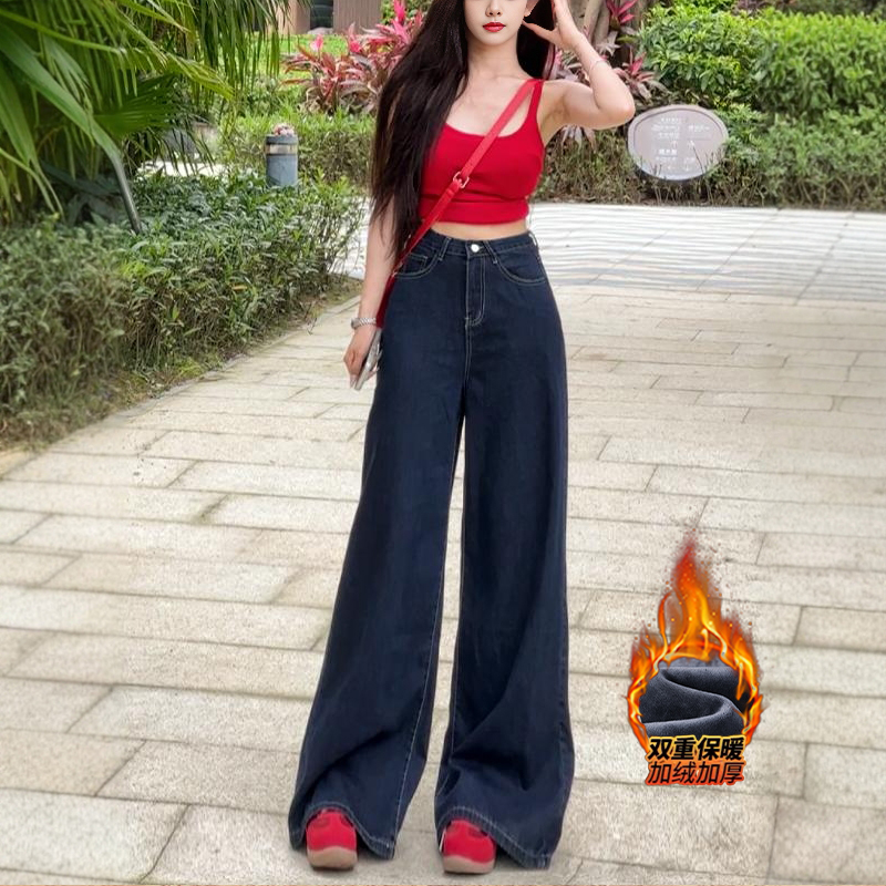 2025年冬季新款丹宁蓝宽松加绒阔腿裤高腰显瘦显高梨型身材拖地裤