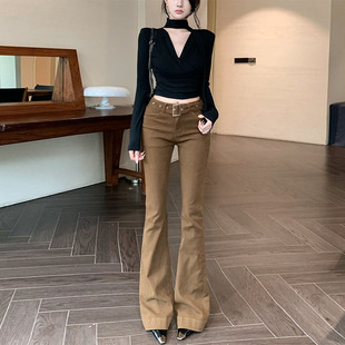 咖色百搭喇叭长裤 李李服饰加厚中腰微喇牛仔裤 女2026年夏季