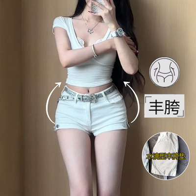 李李服饰白色侧边拉链紧身丰胯牛仔短裤女2025夏季新款弹力显瘦裤
