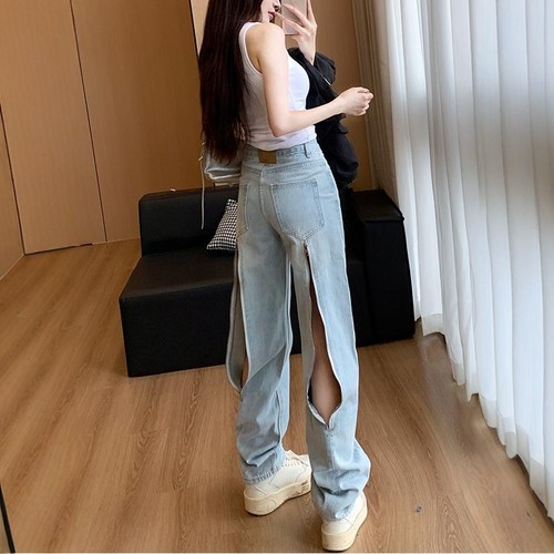 李李服饰小众设计感后拉链直筒牛仔裤女2026夏季新款高腰显瘦长裤