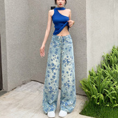 高腰宽松显瘦拖地裤 李李服饰蓝碎花油画印花阔腿牛仔裤 女2026春季