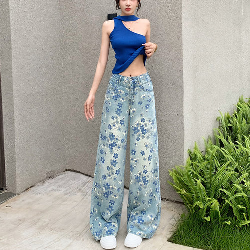 李李家蓝碎花油画印花阔腿牛仔裤女2026秋季高腰宽松显瘦拖地裤