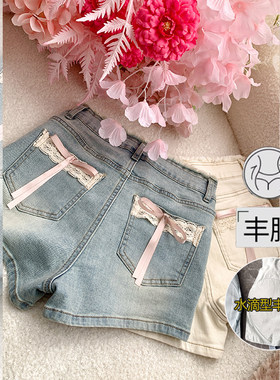 李李服饰蕾丝蝴蝶结丰胯牛仔短裤女2026夏季高腰减龄显瘦a字短裤
