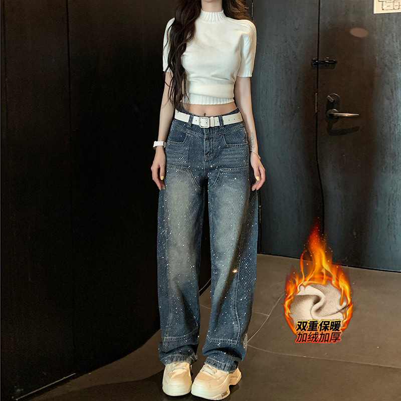 重工满天星烫钻阔腿裤女2025冬季