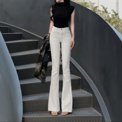 李李服饰秋季白色毛边单扣高腰弹力紧身牛仔裤女显瘦显高喇叭长裤