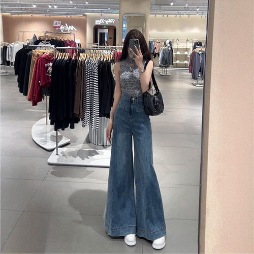 李李夏季高腰阔腿拖地牛仔裤女