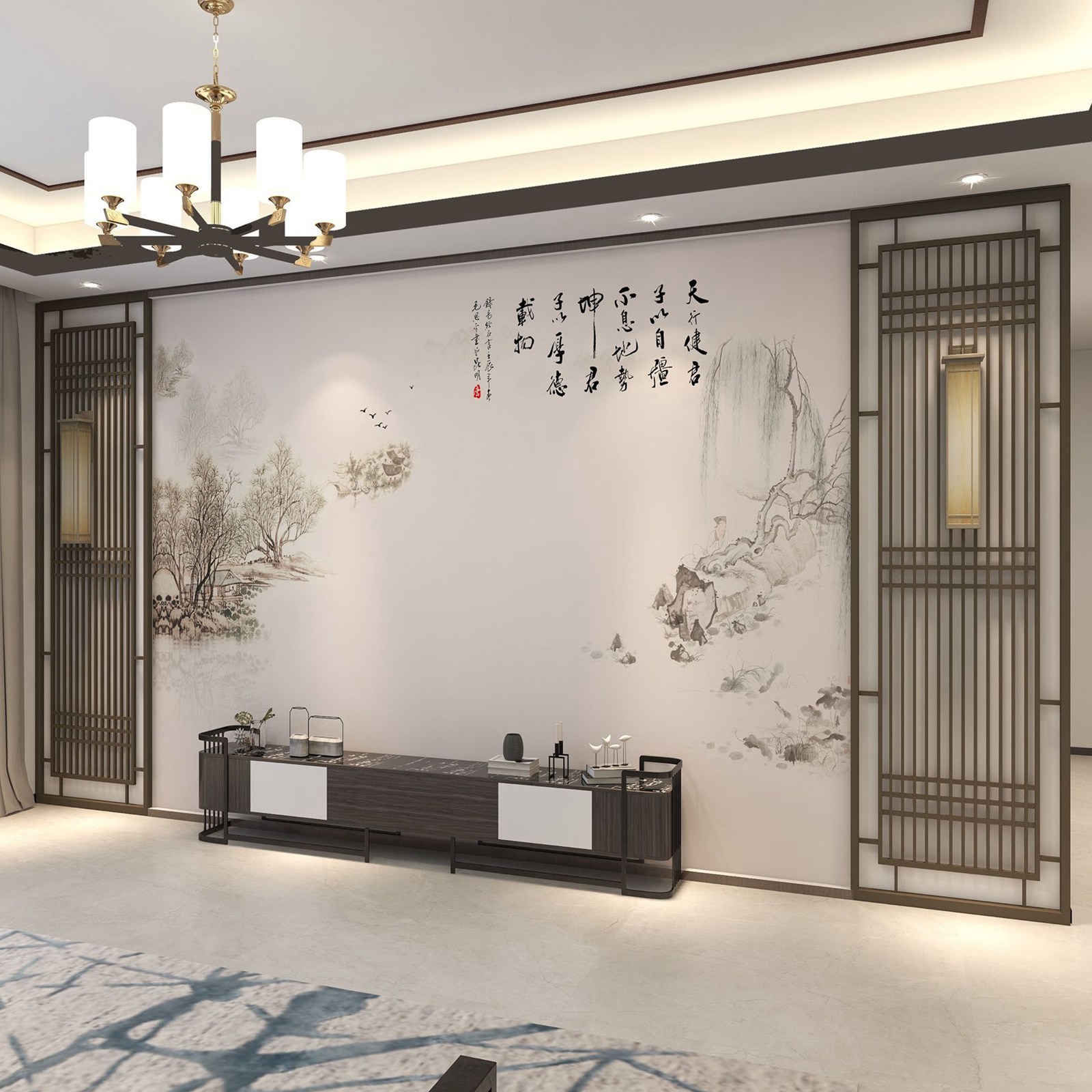 新中式电视背景墙壁布2023年新款山水墙纸客厅沙发卧室墙布壁画_虎窝淘