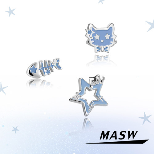 MASW麻秀925银可爱猫咪星星耳钉