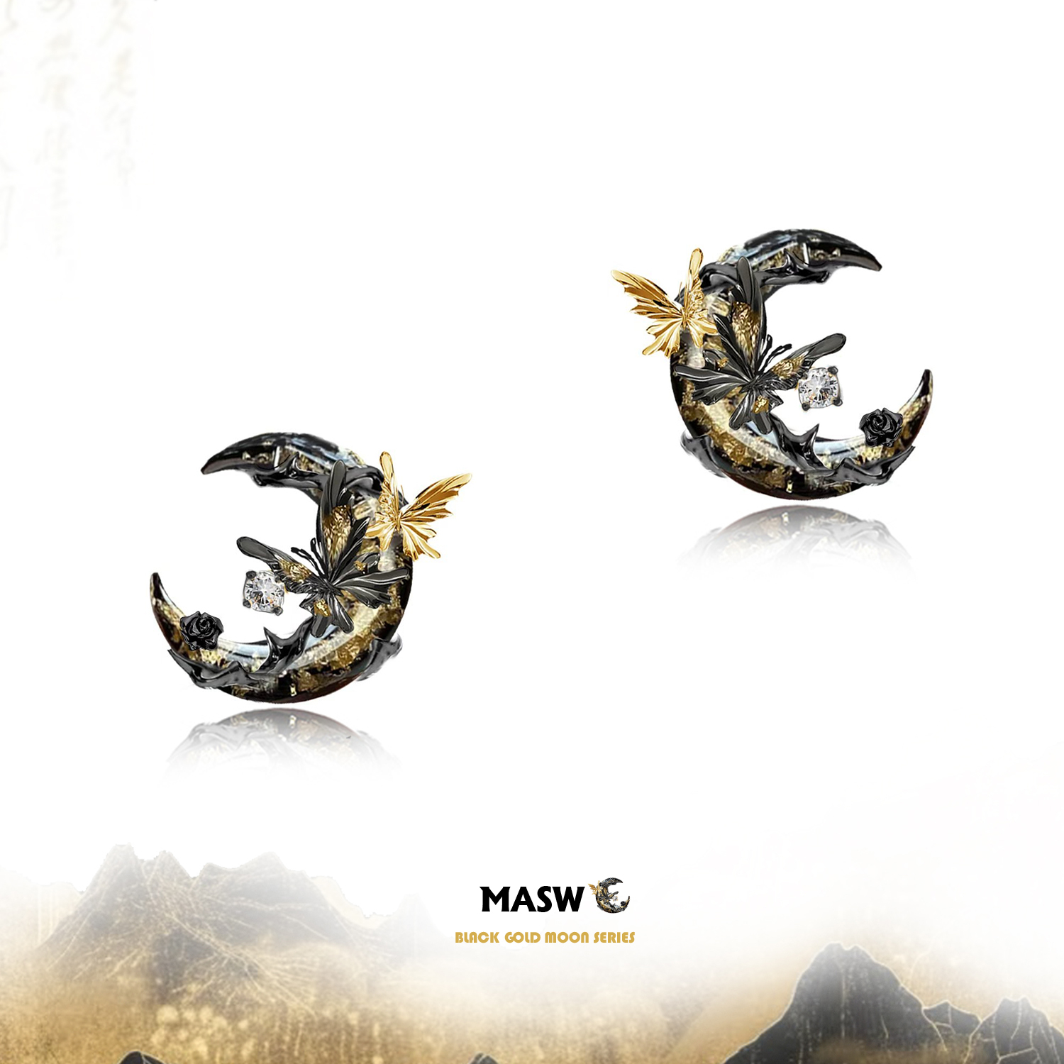 MASW麻秀气质黑金月下蝴蝶耳钉