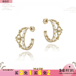 MASW麻秀原创设计轻奢圆环形镂空珍珠耳钉复古金色鸢尾花耳圈耳环