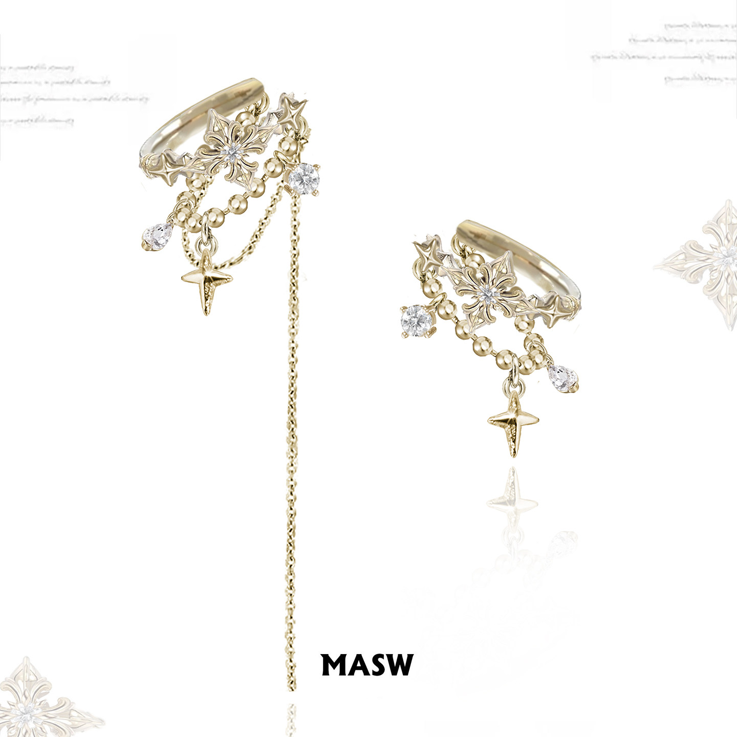 MASW麻秀原创高级感浅金十字无耳洞耳夹复古鸢尾花流苏耳骨夹耳饰