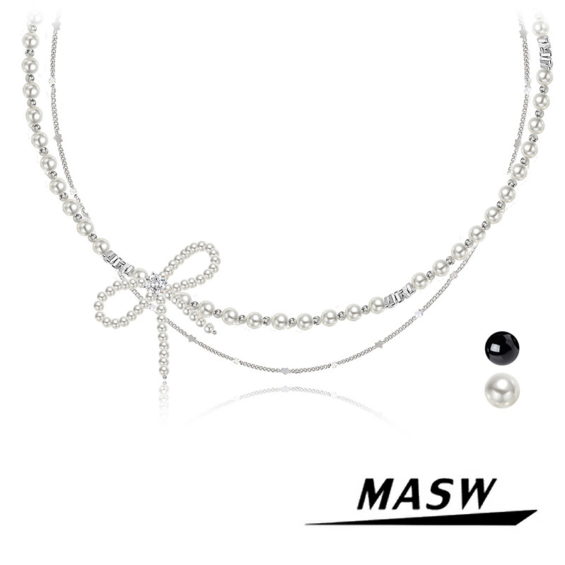 MASW麻秀原创设计甜美蝴蝶结珍珠项链个性双层叠戴锁骨链气质百搭