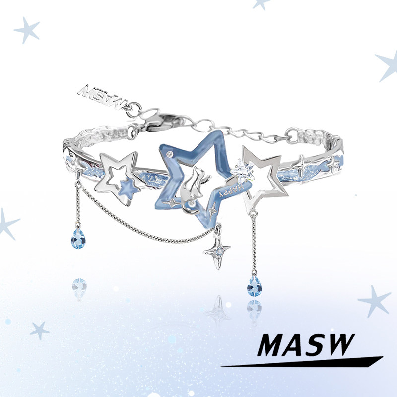 MASW麻秀原创设计喵系列甜酷辣妹蓝色星星手链卡通猫猫童趣手环女