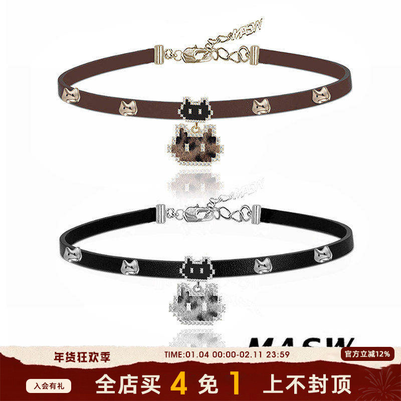 MASW麻秀原创设计甜酷皮革像素卡通小猫项链小众轻奢choker锁骨链