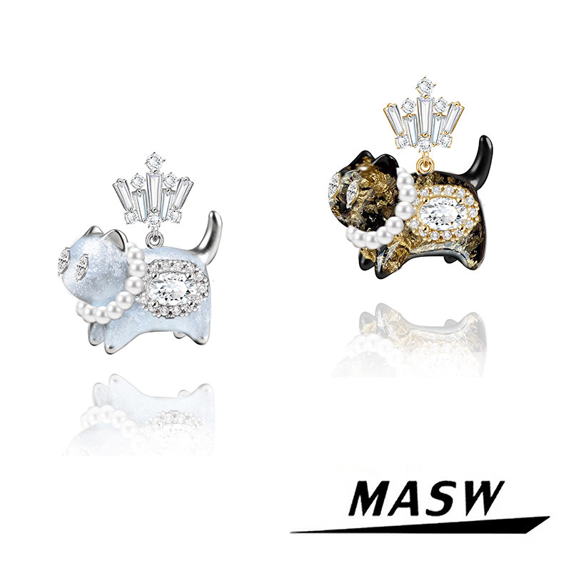 MASW麻秀原创设计珐琅创意可爱猫咪耳钉甜酷小众轻奢珍珠锆石耳饰