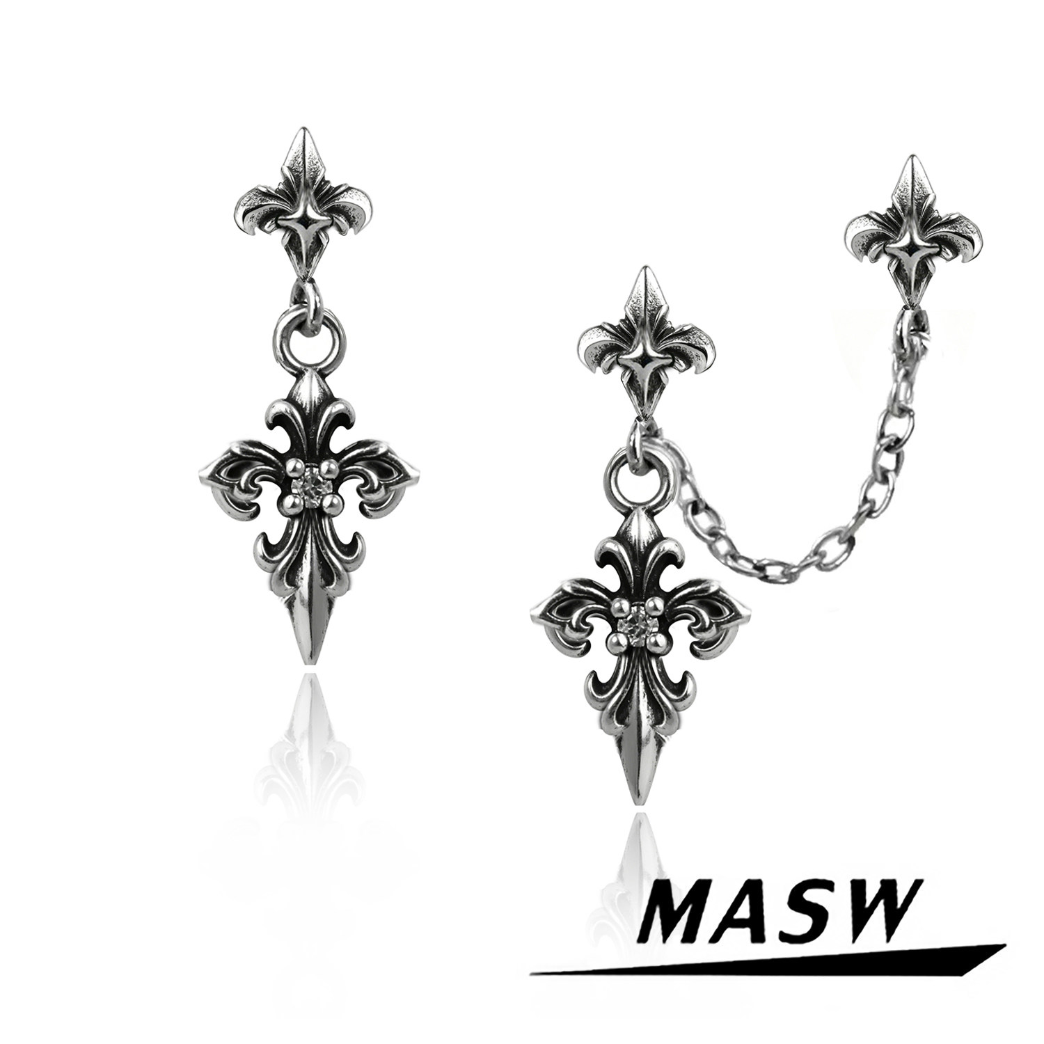 MASW麻秀原创甜酷中性十字双耳洞小众高级男女做旧鸢尾花耳环潮