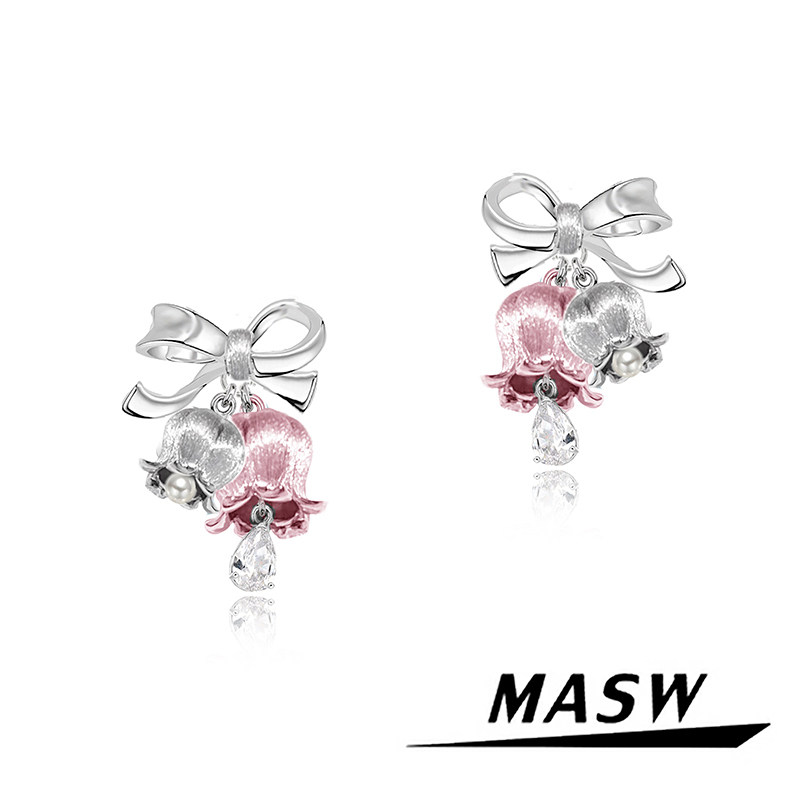 MASW麻秀原创设计铃兰系列甜美粉色蝴蝶结耳饰轻奢水滴铃兰耳钉女