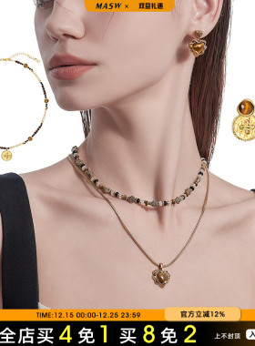 MASW麻秀原创设计串珠虎眼石纽扣爱心项链/耳环