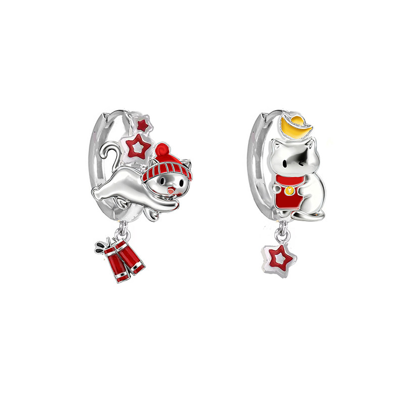 thumbnail for MASW Ma Xiu original design meow series New Year's red lucky cat stud earrings high-end sense hoop holiday earrings