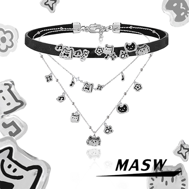 MASW麻秀原创设计猫猫交响乐系列冷淡风双层项链个性搞怪猫咪颈链