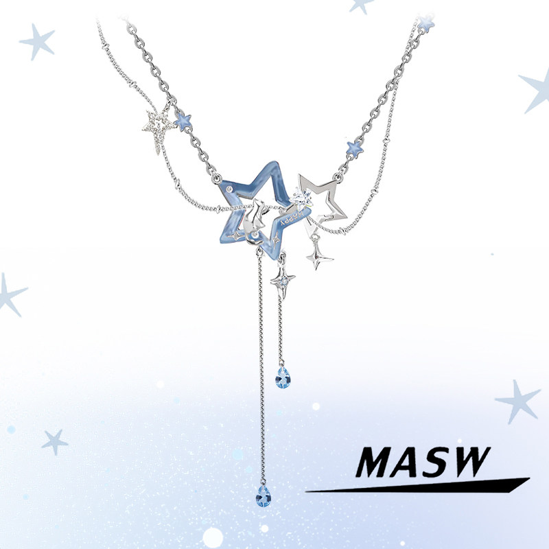 MASW麻秀原创设计喵系列碎冰蓝星星猫项链小众甜美可爱流苏锁骨链