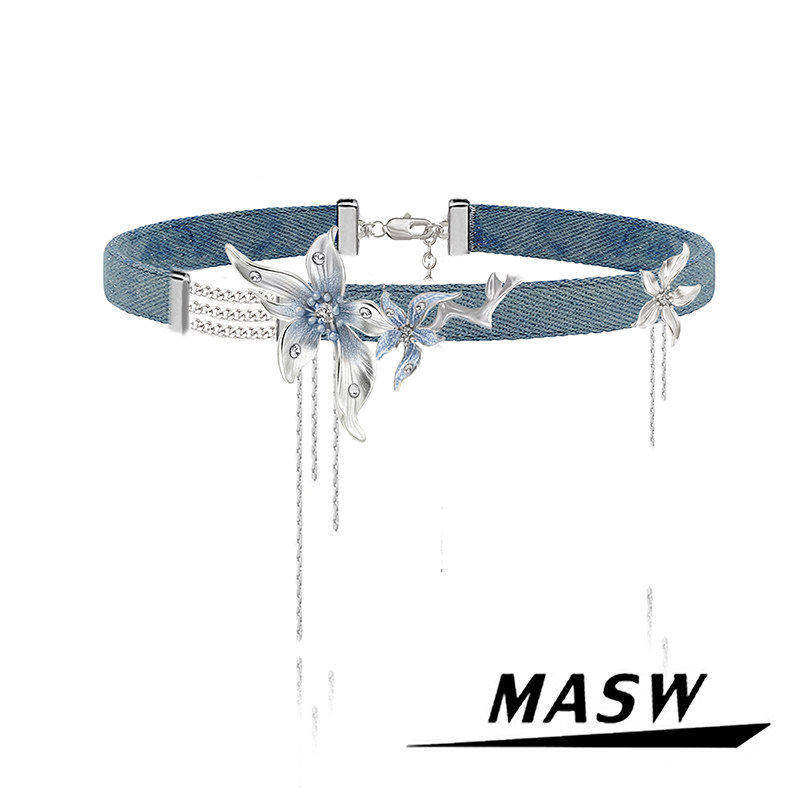 MASW麻秀原创设计秘密花园珐琅鸢尾花项链高级感雾霾蓝choker颈链