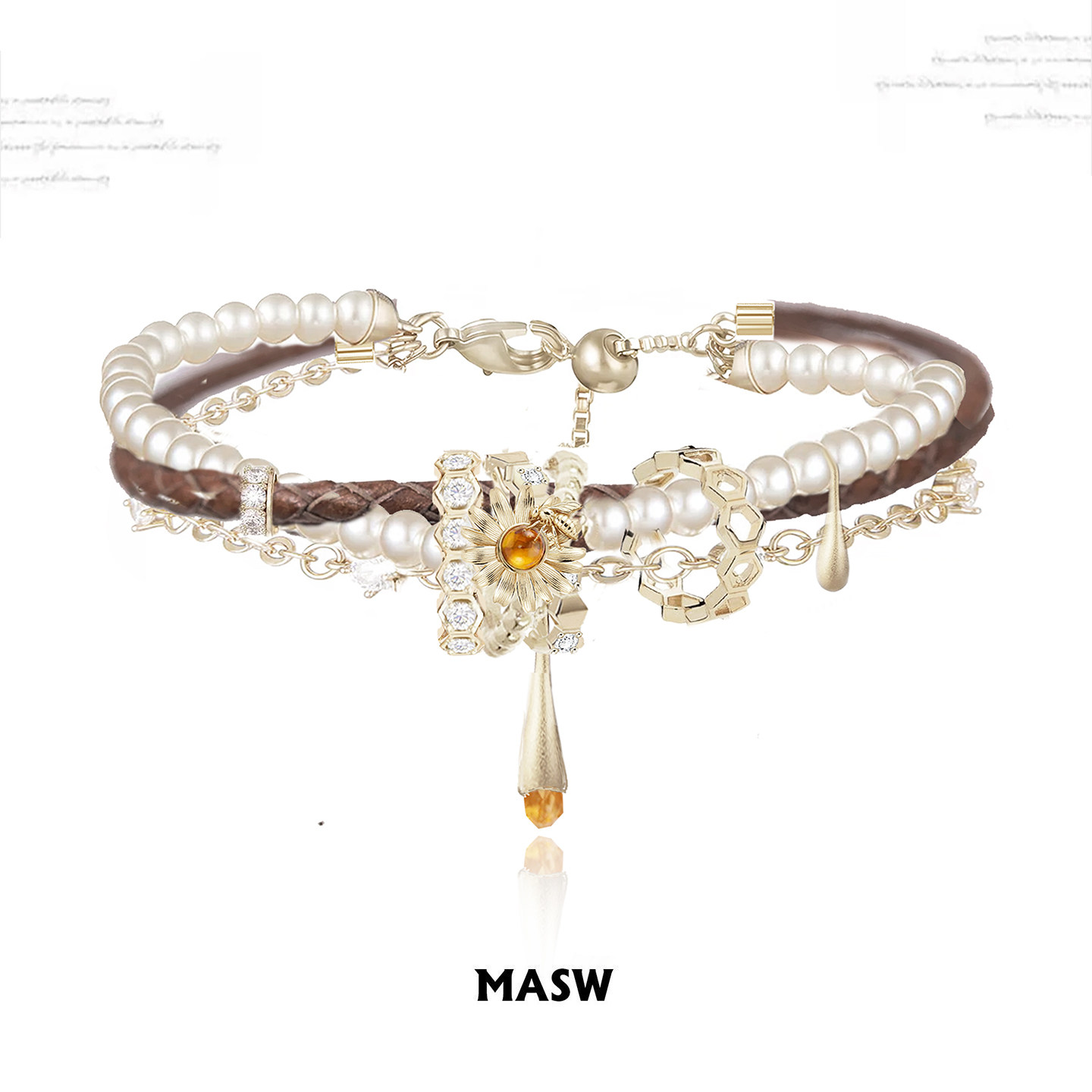 MASW麻秀原创轻奢小雏菊转运珍珠手链蜂巢造型路路通手串新款礼物