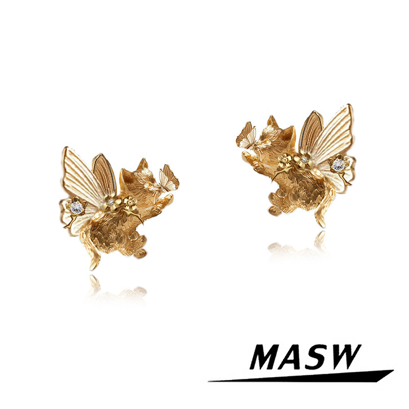 MASW麻秀原创设计喵系列甜美立体蝴蝶猫猫耳钉创意萌宠高级感耳饰
