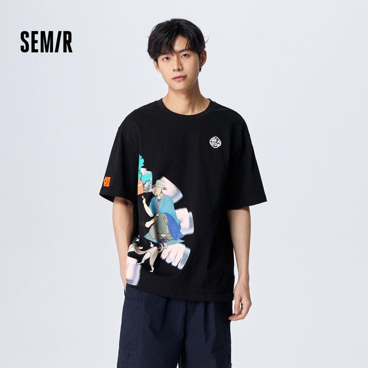 森马短袖t恤男2023夏季新款宽松纯棉国潮情侣休闲风圆领针织上衣