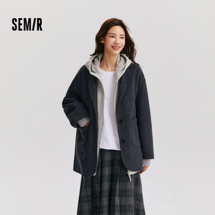 含羊毛双面呢夹克 领通勤百搭宽松2024冬新款 森马外套女中长款 西装