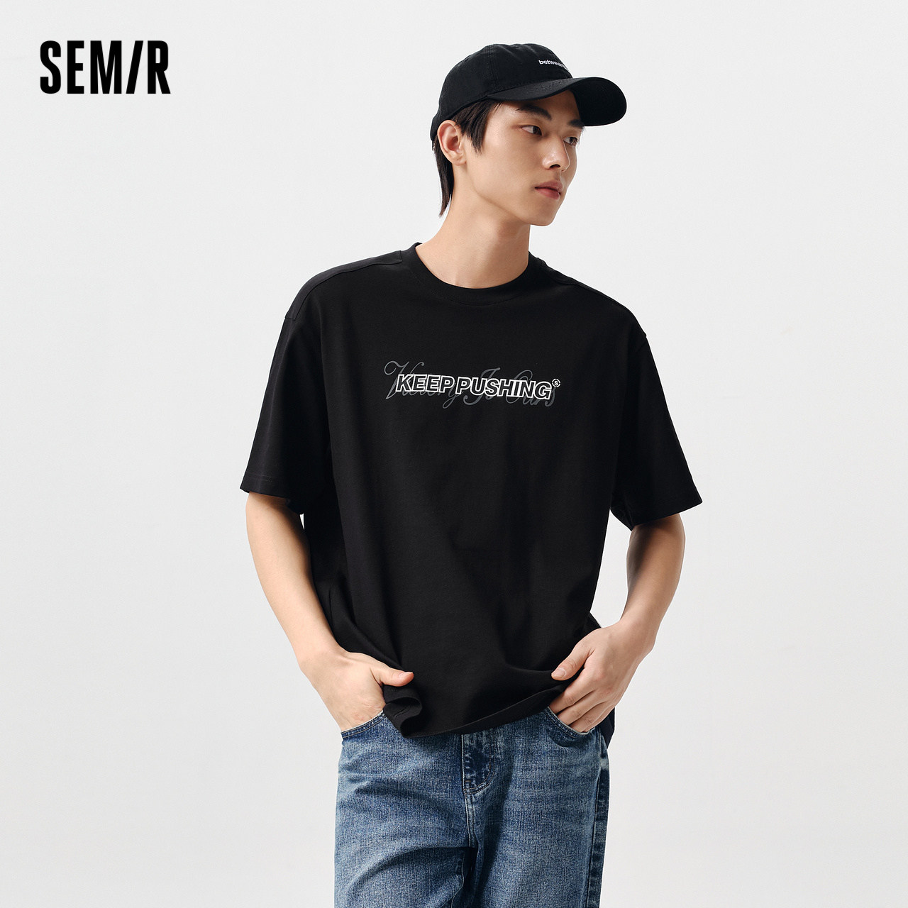 森马t恤男2024春季新款撞色字母印花日常休闲宽松短袖上衣情侣潮