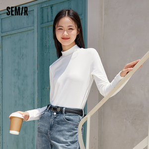 [商场同款]森马长袖T恤女2023秋冬季新款半高领修身磨毛打底衫潮