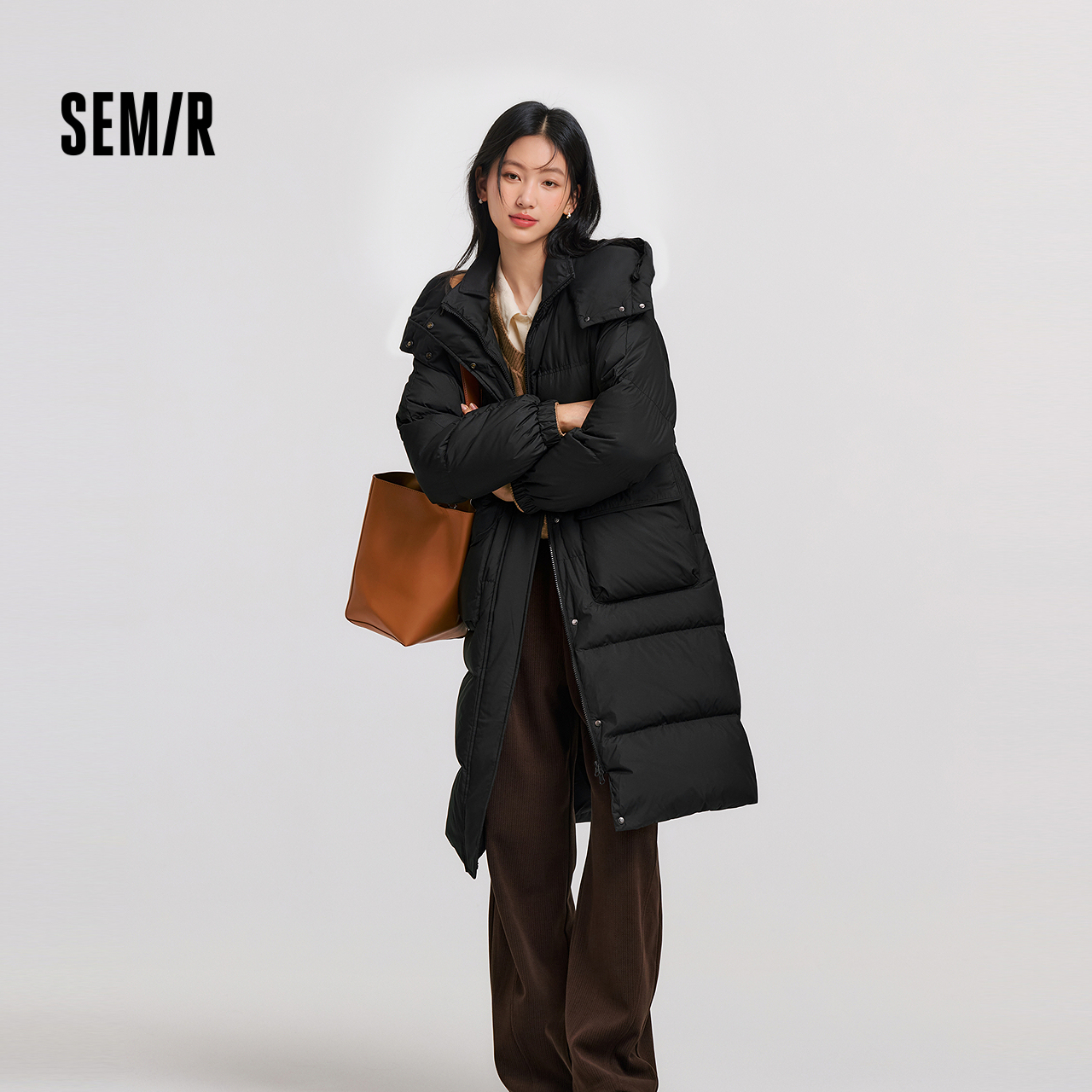 森马可拆卸连帽肌理长款羽绒服女