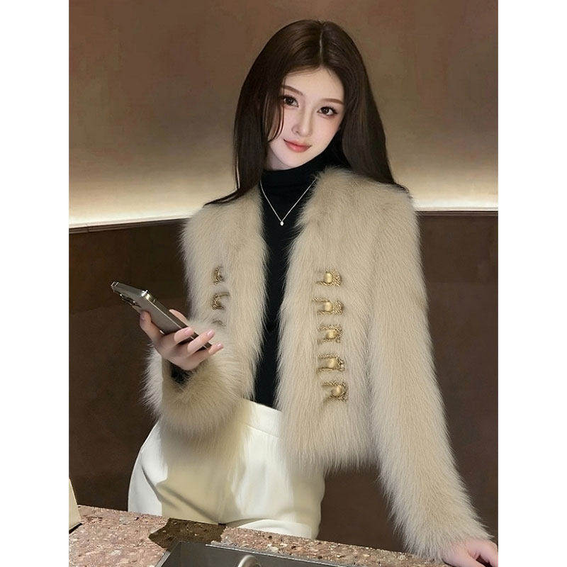 2025新款宽松慵懒风韩版独特漂亮名媛小香风卡其色毛毛外套女冬季,女装/女士精品,短外套,淘宝优惠券,粉丝福利购,淘宝优惠卷