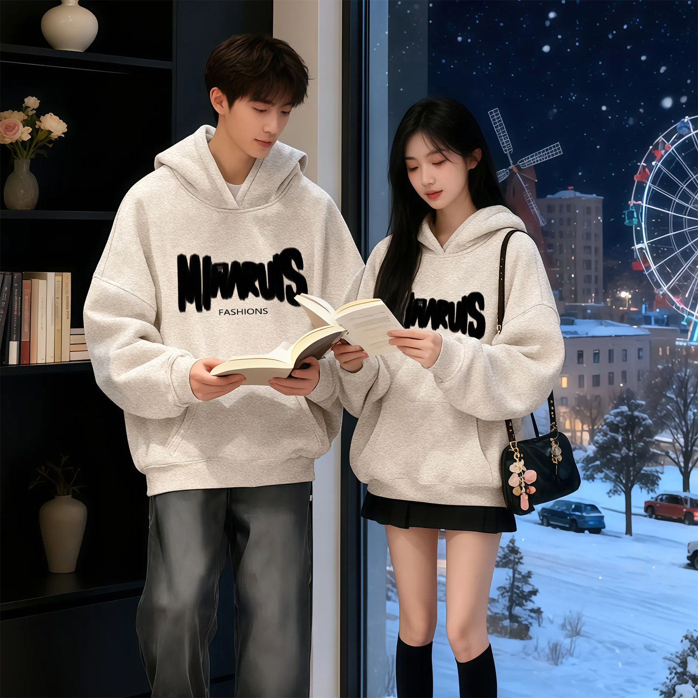 美式白灰色加绒加厚连帽字母卫衣女秋冬洋气小个子套头情侣上衣潮