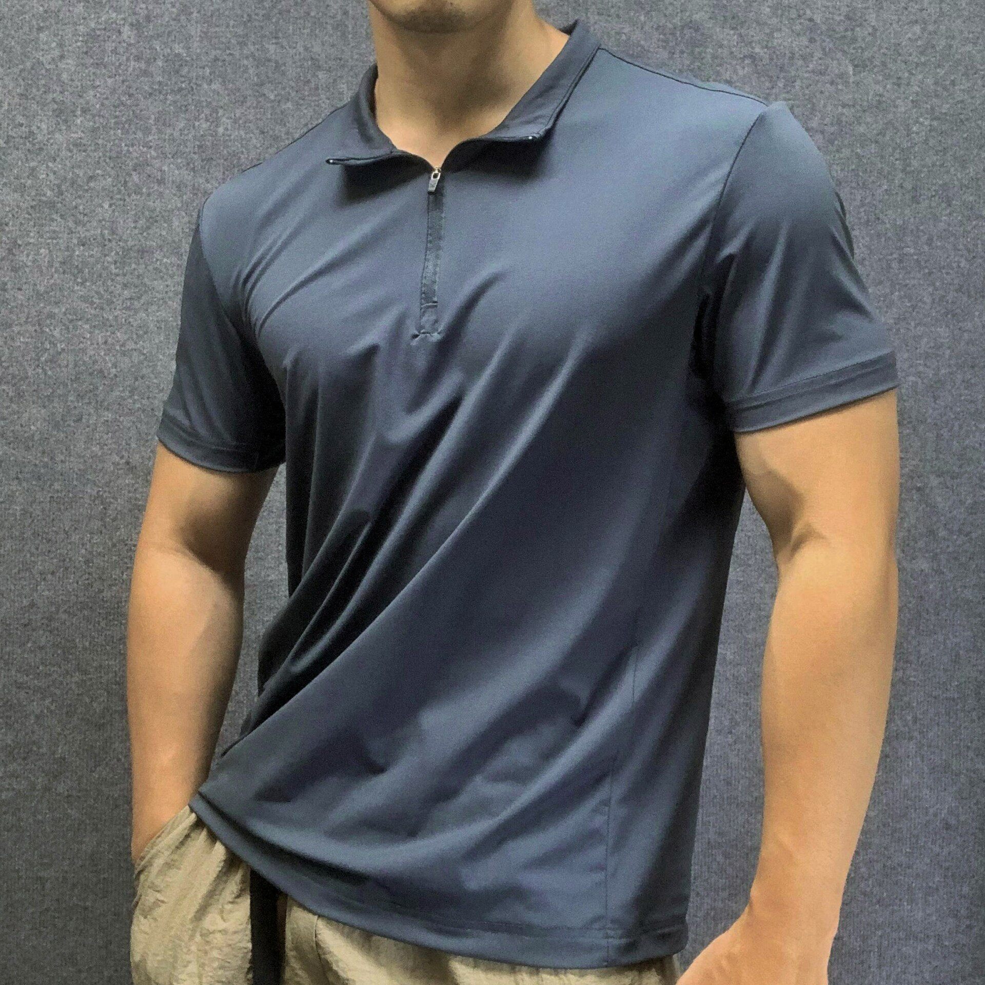 夏季高弹速干短袖透气肌肉男士半拉链立领polo衫t恤健身户外运动
