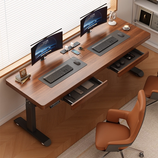实木电动手动可升降电脑桌子台式卧室家用学习办公工作台双人书桌