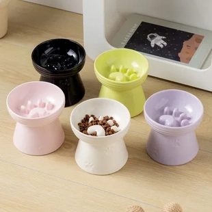 防打翻猫碗条纹猫爪水碗宠物碗家用陶瓷高脚慢食碗狗碗创意风奶油