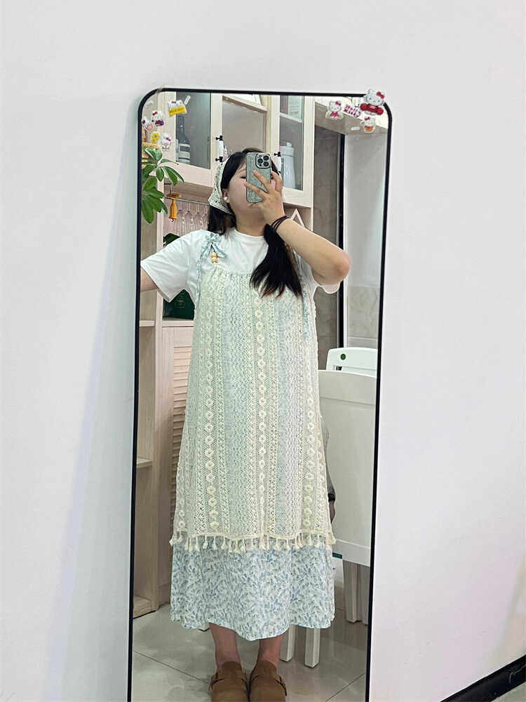 大码胖mm显瘦宽松垂感碎花吊带连衣裙女时尚百搭白色上衣两件套潮